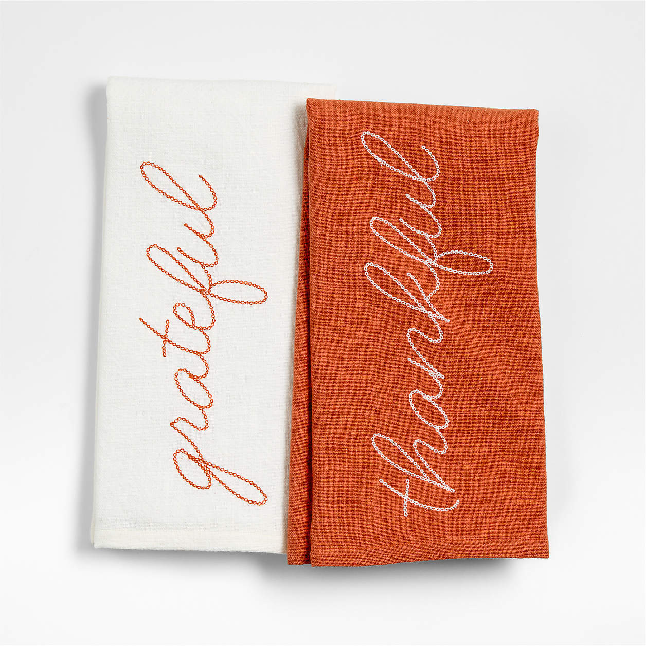 "Thankful" & "Grateful" Embroidered Organic Cotton Kitchen Towels, Set of 2 | Crate & Barrel | Crate & Barrel