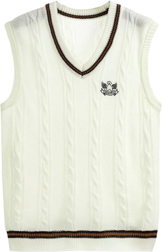 SHENHE Men's V Neck Sleeveless Embroidered Cable Knit Striped Contrast Sweater Vest | Amazon (US)