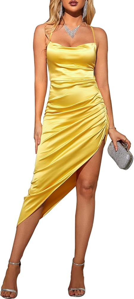 Women's Satin Lace up Backless High Slit Dress Asymmetric Hem Club Clubwear Midi Elegant Dresses ... | Amazon (US)
