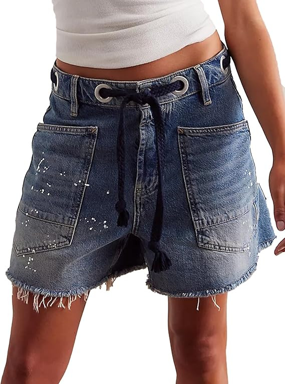 Mewunan Women's Moxie Barrel Jean Shorts 2026 Summer Casual Drawstring Baggy Denim Shorts Y2K Raw... | Amazon (US)
