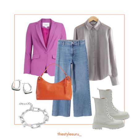 Spring blazer outfit idea. Fashion trend 2023, cropped wide leg jeans, orange bag, purple blazer jacket, chunky boots, sheer shirt.

#LTKeurope #LTKFind #LTKSeasonal