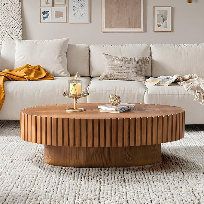 SOUWOFS Fluted Coffee Table 43.3" Oval Wooden Coffee Tables Modern Handcraft Drum Coffee Table wi... | Amazon (US)
