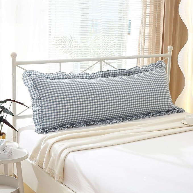 Dust Blue White Plaid Body Pillow Cover with Ruffles 20x54 inches, 100% Cotton Rustic French Coun... | Amazon (US)