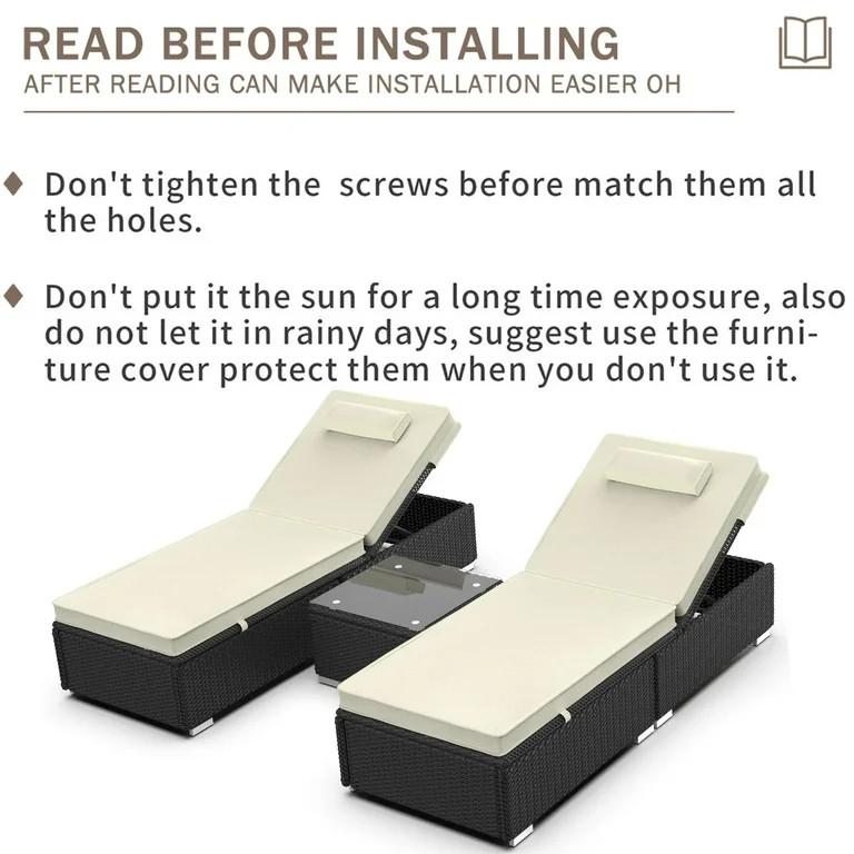 UHOMEPRO 3-Piece Outdoor Patio Furniture Set Chaise Lounge, Patio Reclining Rattan Lounge Chair C... | Walmart (US)