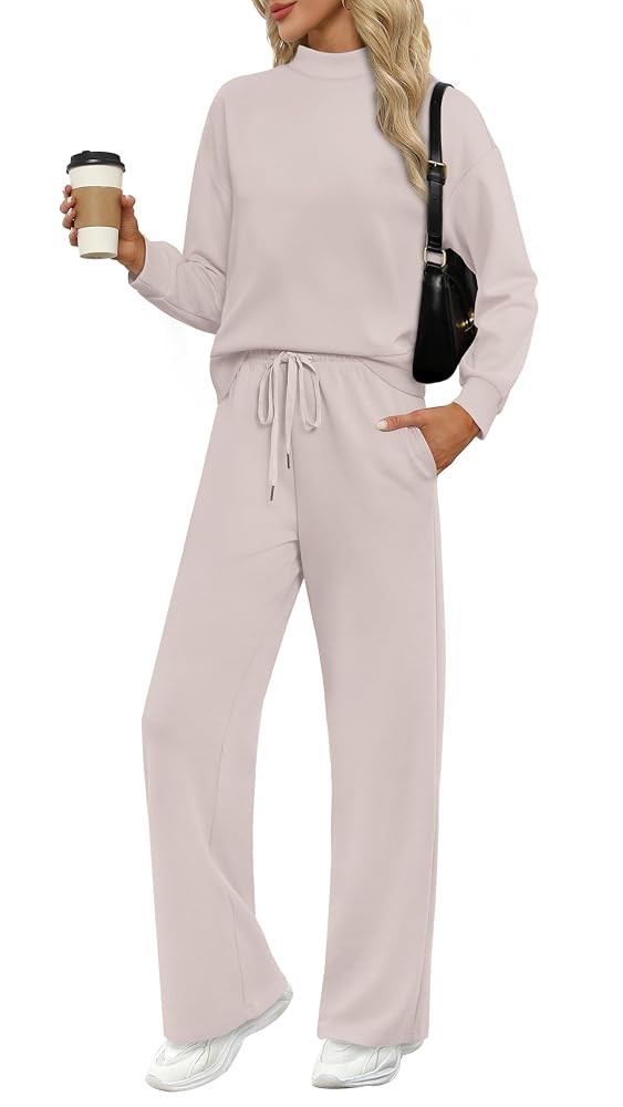 WIHOLL Two Piece Sets for Women Fall Outfits Lounge Sets Mock Neck Tops Wide Leg Pants Vacation T... | Amazon (US)