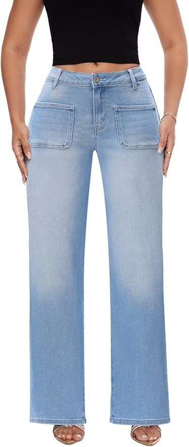 ONESO Mid-Low Rise Baggy Jeans Wide Leg for Women Distressed Pants Stretchy Bottom Lady Basic Com... | Amazon (US)