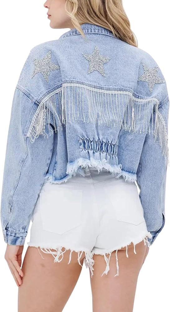 Esmeling Womens Cropped Sparkling Rhinestone Fringe Jean Jacket Glittering Star Denim Jacket | Amazon (US)