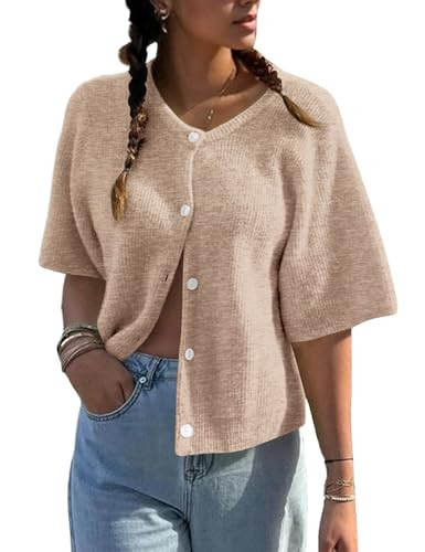 BAIGRAM Women Button Up Short Sleeve Cardigan Crew Neck Cropped Oversized Sweaters Cute Going Out Knit Y2K Tops | Amazon (US)