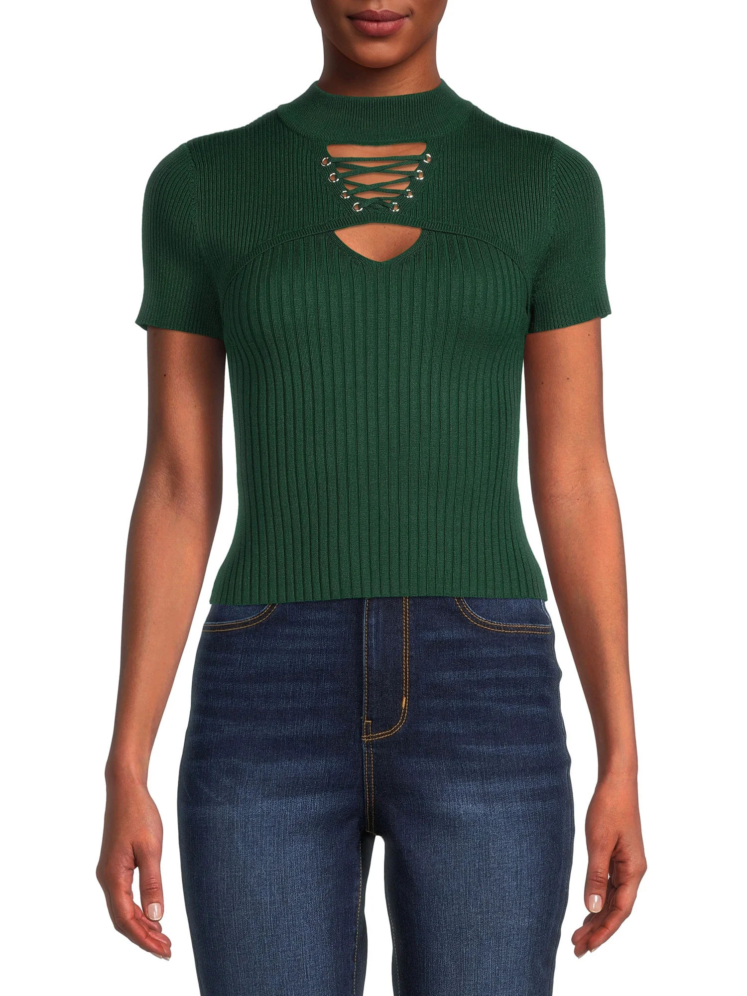 No Boundaries Juniors Knit Lace Up Top - Walmart.com | Walmart (US)