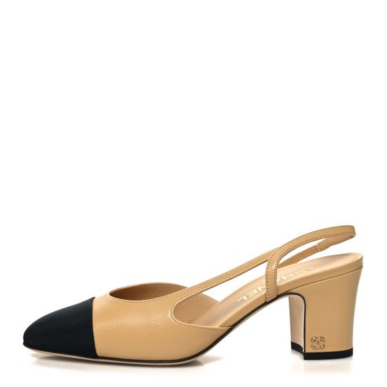 CHANEL Goatskin Grosgrain Cap Toe CC Slingback Pumps 39 Beige Black | FASHIONPHILE (US)