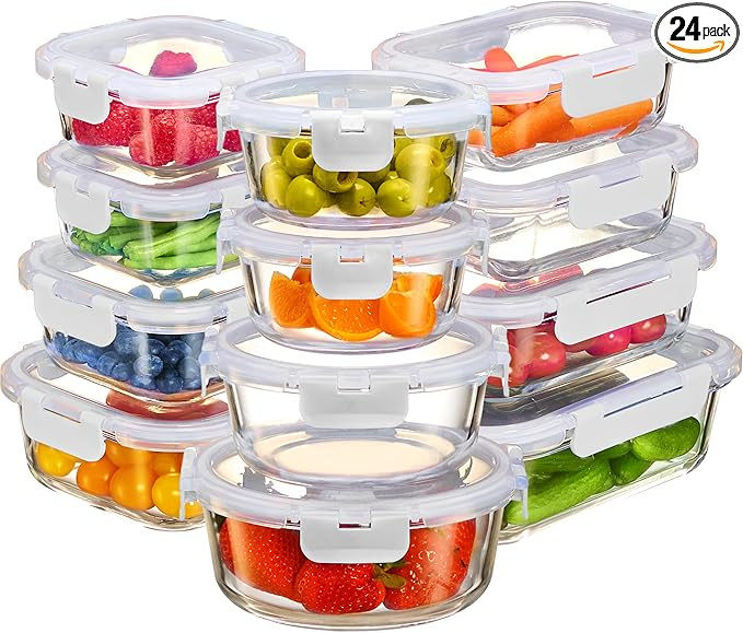 FineDine 24 Piece Glass Airtight Storage Containers with Lids - Leak Proof, Dishwasher Safe Glass... | Amazon (US)