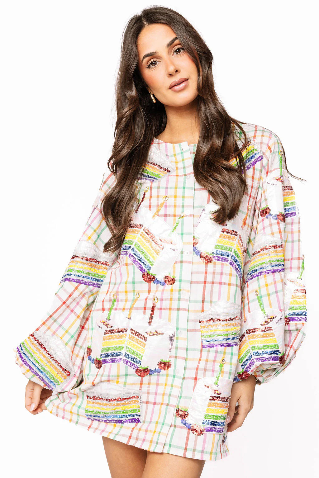 Rainbow Plaid Birthday Cake Button Up Cotton Dress | Queen of Sparkles