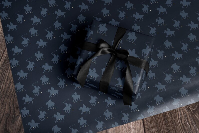 Equestrian Polo Player Silhouette Gift Wrapping Paper, Dark Navy Blue Gift Wrap, Equestrian Lover... | Etsy (US)