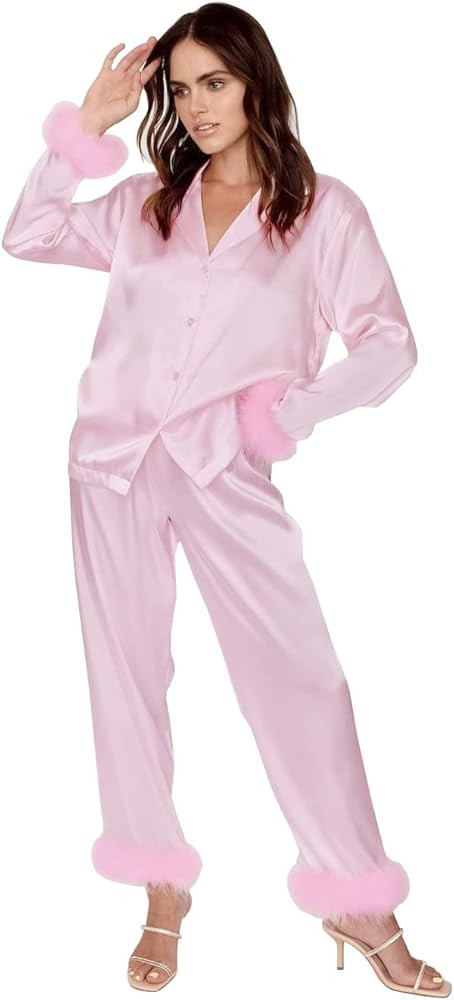 Rmasyea Womens Silk Satin Feather Pajamas Set Party Nightwear Button Down Long Sleeve Pants Loung... | Amazon (US)