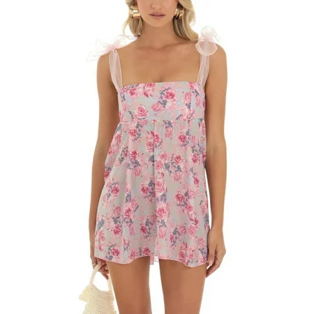 Women Summer Casual Dress Floral Print Tie-Up Shoulder Strap Mini Dress Fashion Backless Cami Dress | Walmart (US)