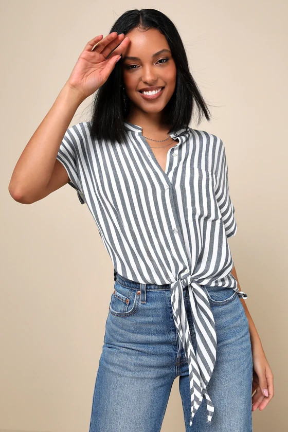 Newport Beach Grey and White Striped Top | Lulus