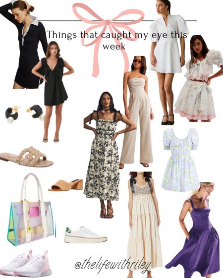 Been a while but here’s the things that caught my eye this week 

👕 black ribbed polo shirt dress 
💍 pearl raffia hoops perfect for all those summer outfits
👜 colorful clear Kurt Geiger tote bag 
🍋 white sneakers with just a touch of lemon print 
🎀 bluebell bow strap maxi dress 
🔲 black and white floral maxi 
💜 the perfect purple midi dress this would make a great speak now dress for the eras tour outfits 
🌸 floral nap dress perfect summer when it’s so hot 
🐚 tan colored jumpsuit great to dress up or down
👡  tan raffia slide on sandals perfect shoe for all your summer outfits 
🖤 black bow strap babydoll dress 
💐 floral two piece set 
🩴 pearl sandals 
🤍 white dress with adorable puff sleeves and bows 

So many great summer finds that will be in your closet for years to come 

#LTKtravel #LTKstyletip #LTKFind