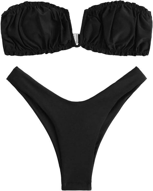 SweatyRocks Women's 2 Pieces Knot Front Bandeau Bikini Swimsuits Frill Trim Bathing Suit | Amazon (US)