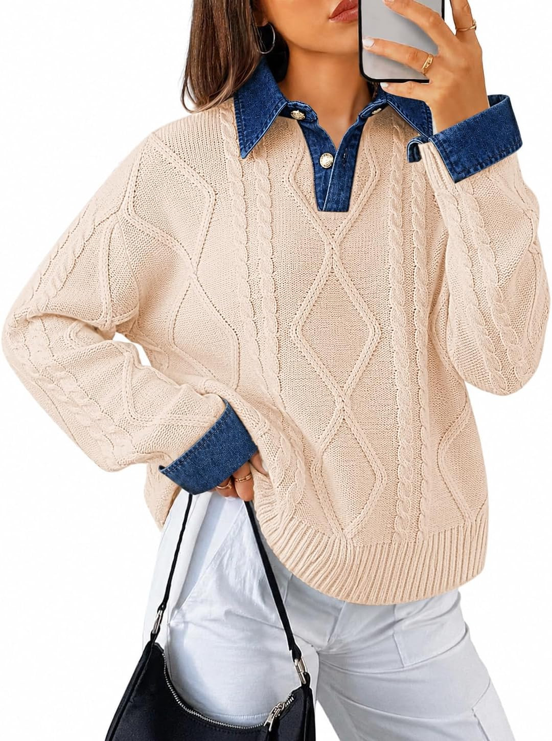 Soesdemo Womens Cable Knit Sweaters Denim Polo Pullover Fall Sweater 2026 | Amazon (US)