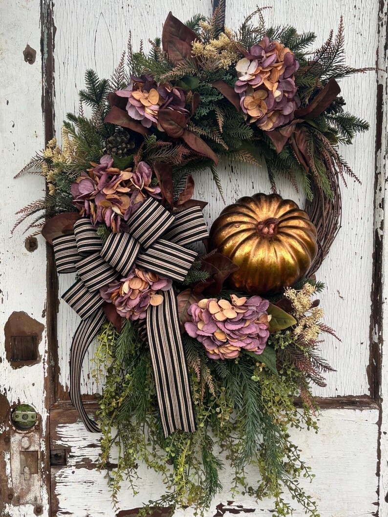 Fall Pumpkin Grapevine Wreath, Hydrangea & Magnolia Front Door Wreath, Rustic Farmhouse Autumn De... | Etsy (Global)