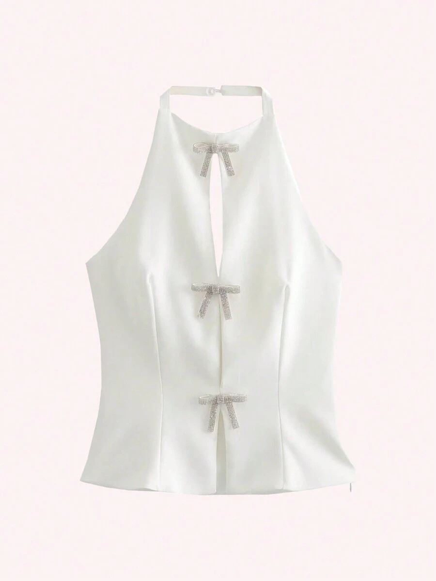 Women Sleeveless Top With 14 Straps, Diamond And Bowknot Decoration Hanging On Neck | SHEIN