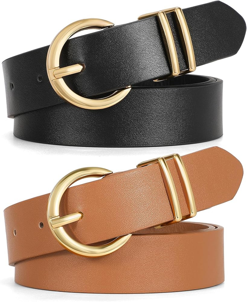 XZQTIVE 2 Pack Women Leather Belts for Jeans Pants Dresses Fashion Gold Buckle Ladies Waist Belt,... | Amazon (US)