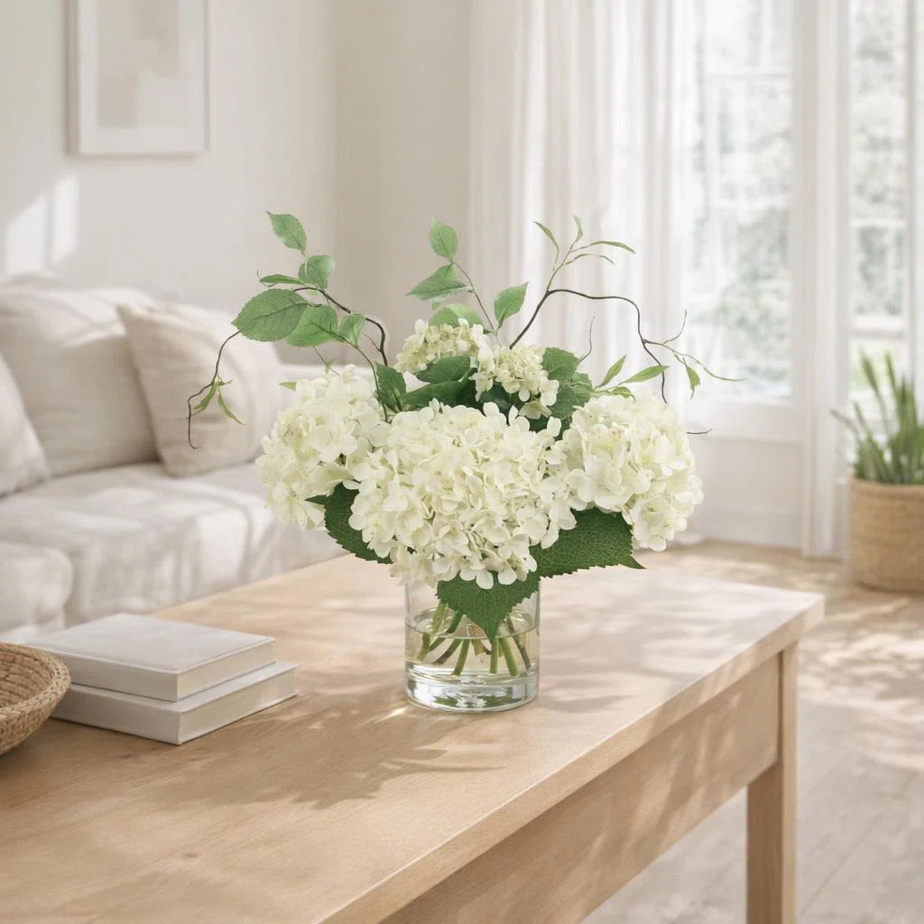 Izora Polysilk Hydrangea Arrangement in Vase | Wayfair North America