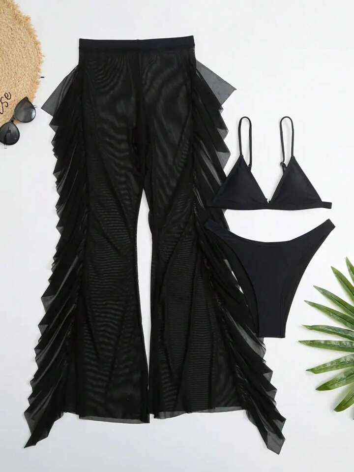 SHEIN Swim Vcay Solid Ruffle Trim Cover Up Pants Without Bikini Set | SHEIN