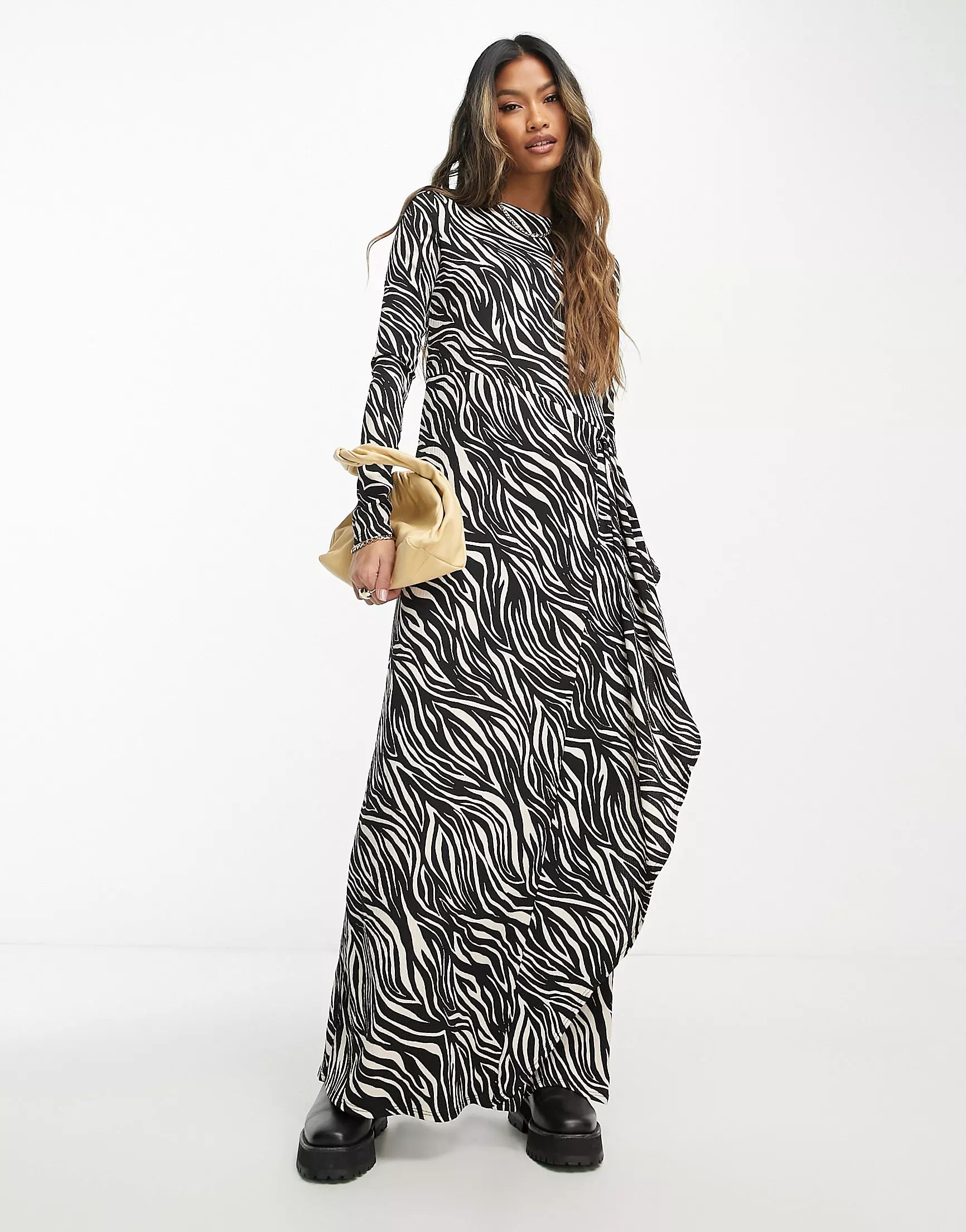 ASOS DESIGN crinkle long sleeve maxi dress in mono zebra print | ASOS (Global)
