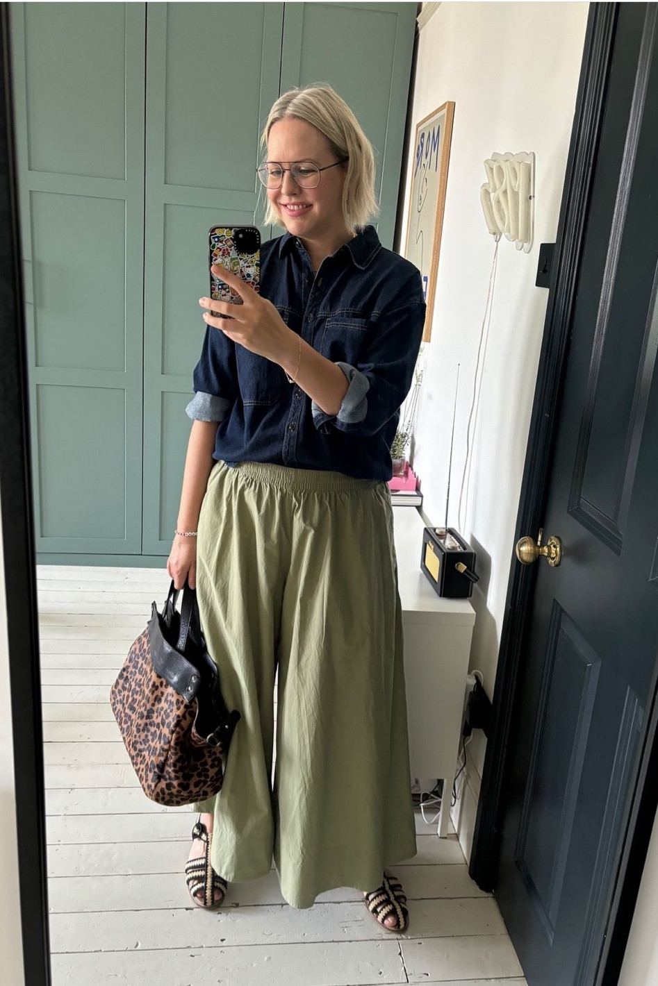 Dark Wash Denim Shirt, lightweight cotton culottes, Leopard print bag

#LTKstyletip #LTKuk #LTKsummer