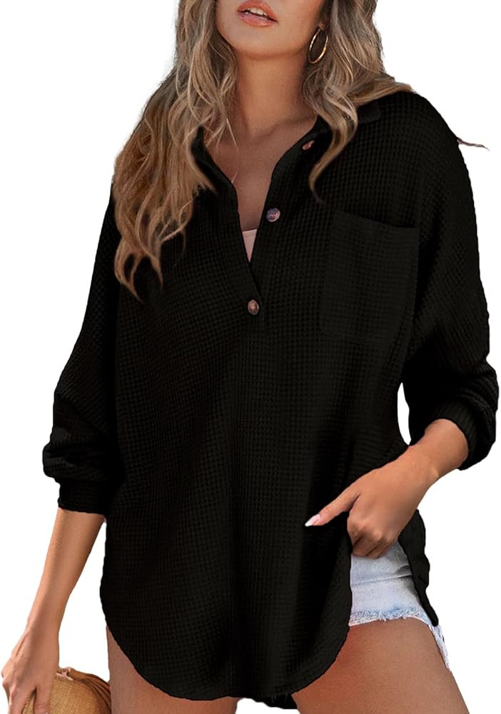 Astylish Women Waffle Knit Tops Henley Shirts Long Sleeve V Neck Solid Color Casual Tunic | Amazon (US)