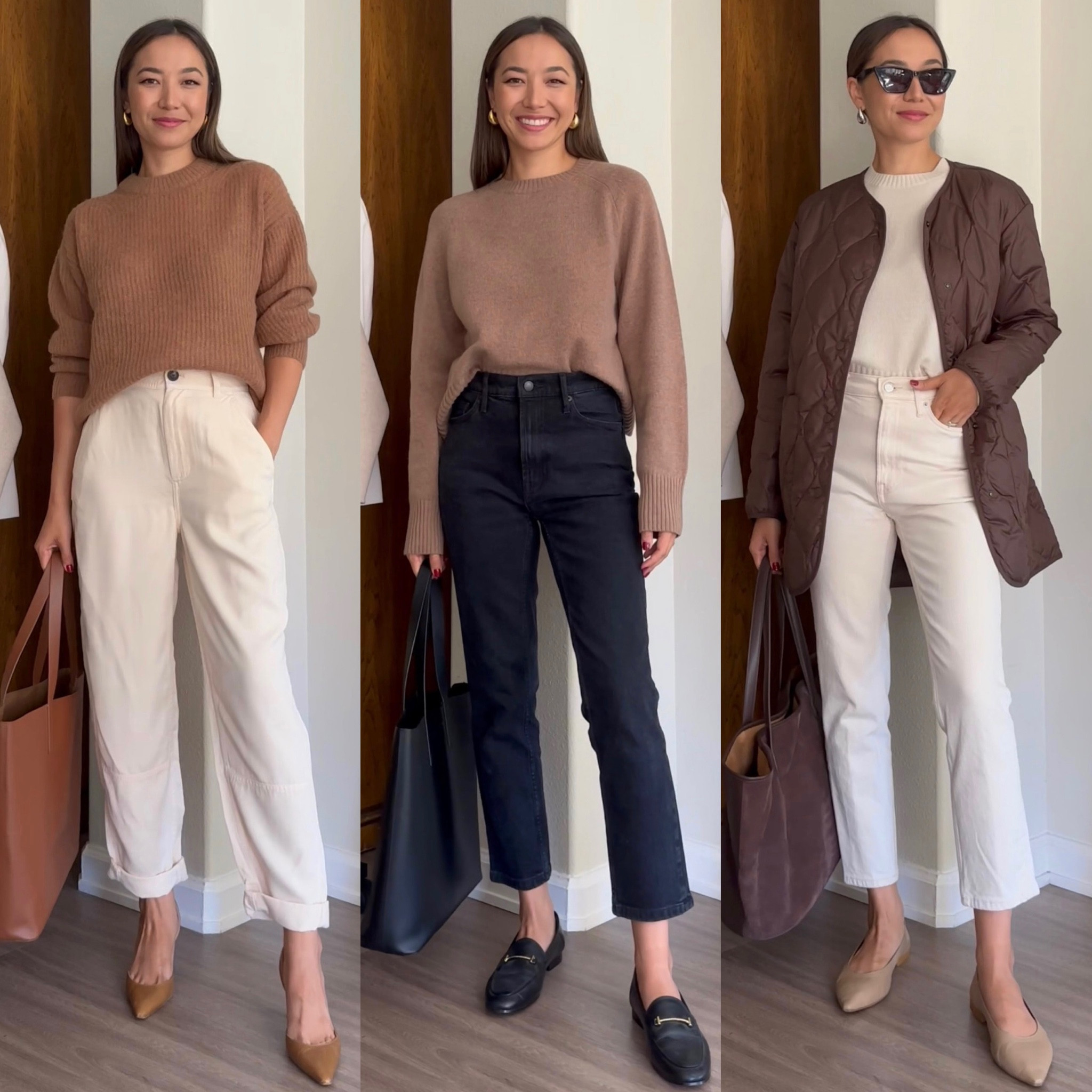 Styling smart casual workwear looks  

Everlane cashmere sweaters xs 
Sunglasses sold out on jcrew, linked similar pair! 
Ankle straight jeans 
Gold hoops - sold out on jcrew, linked similar
Loafers 
Leather tote 

#LTKworkwear #LTKSeasonal #LTKstyletip