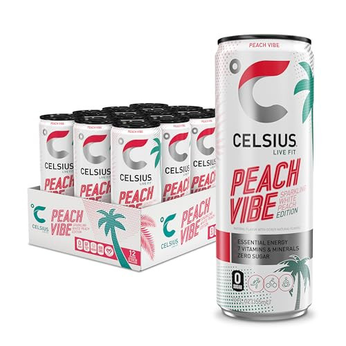 CELSIUS PEACH VIBE Sparkling White Peach, Sugar Free Energy Drink, 12 Fl Oz (Pack of 12) | Amazon (US)