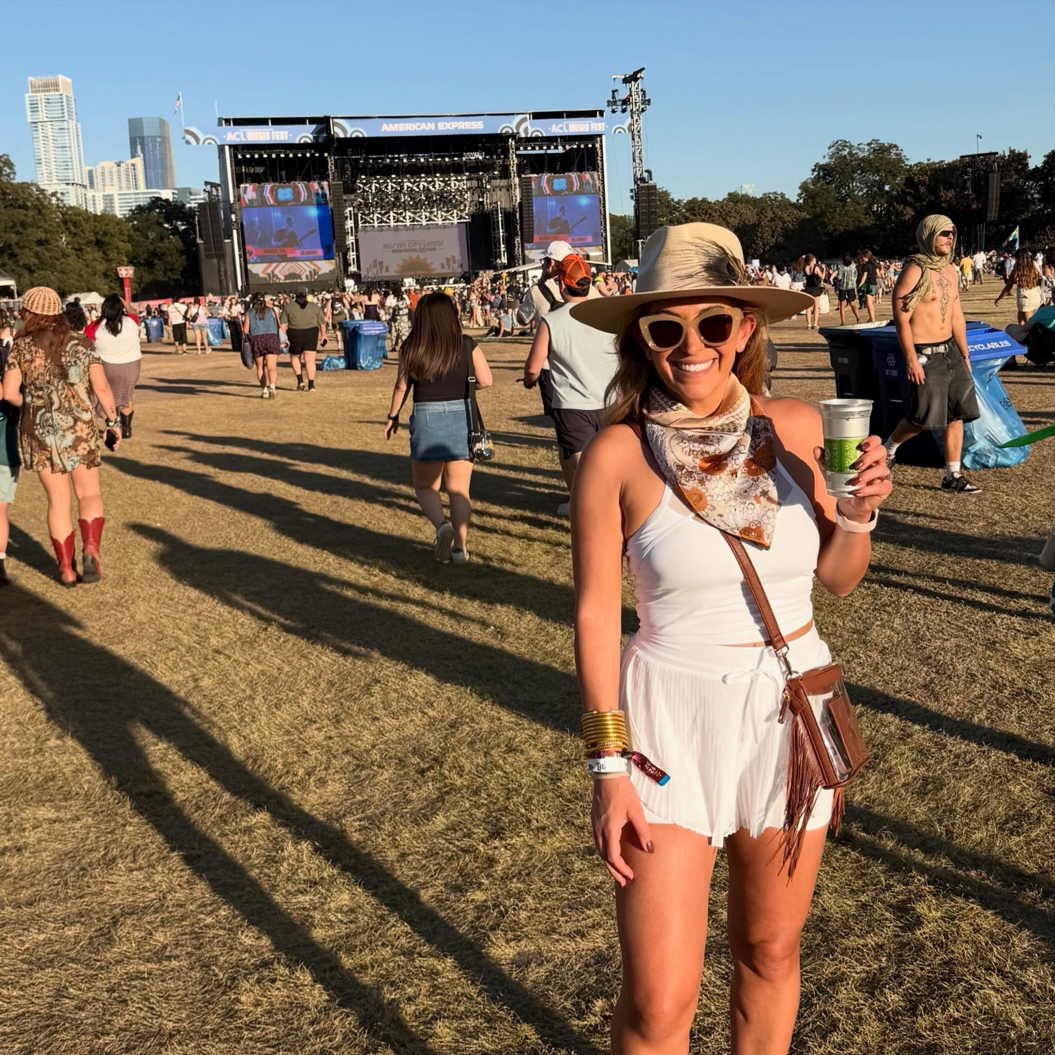 My ACL anniversary look: white lululemon separates, a Stetson hat, DIFF sunglasses, and a bandana for the dust. Festival outfit inspiration for staying cool and adding a little Texas style. 

 #LTKootd #LTKSeasonal