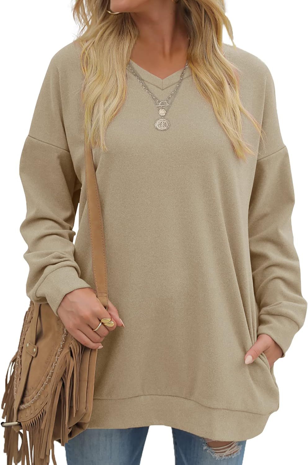 OFEEFAN Women's Sweatshirts V Neck Oversized Long Sleeve Pockets Top | Amazon (US)