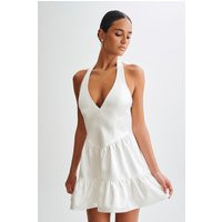 Holly Satin Structured Halter Mini Dress - White | MESHKI US