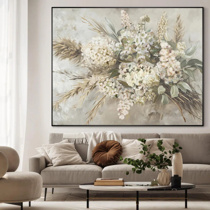 Elegant Whimsical White Flower Bouquet Illustrations Extra Large Framed Wall Art Print Decor | Wayfair North America