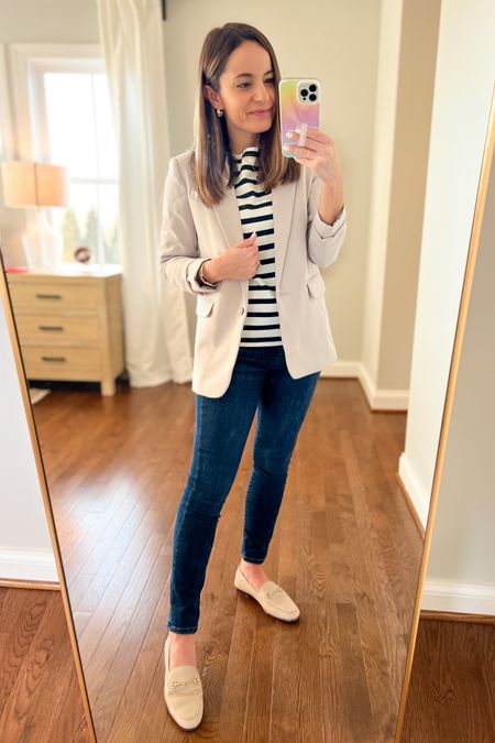 Wearing today 

Top xxs 
Blazer petite xxs 
Also linking a sweater blazer option - size up in that 
Jeans petite 24 
Shoes tts color is soft beige 

#LTKworkwear