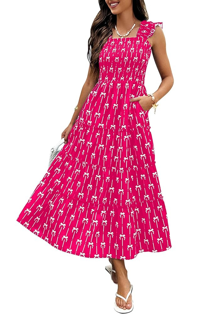 ECOWISH Women's 2025 Summer Maxi Dress Casual Sleeveless Square Neck Smocked Ruffle Bow Tiered Fl... | Amazon (US)
