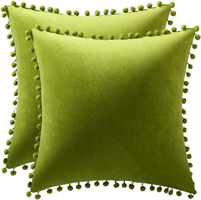 DEZENE Couch Pillow Cases 20x20 Chartreuse: 2 Pack Cozy Soft Pom-poms Velvet Square Throw Pillow ... | Amazon (US)