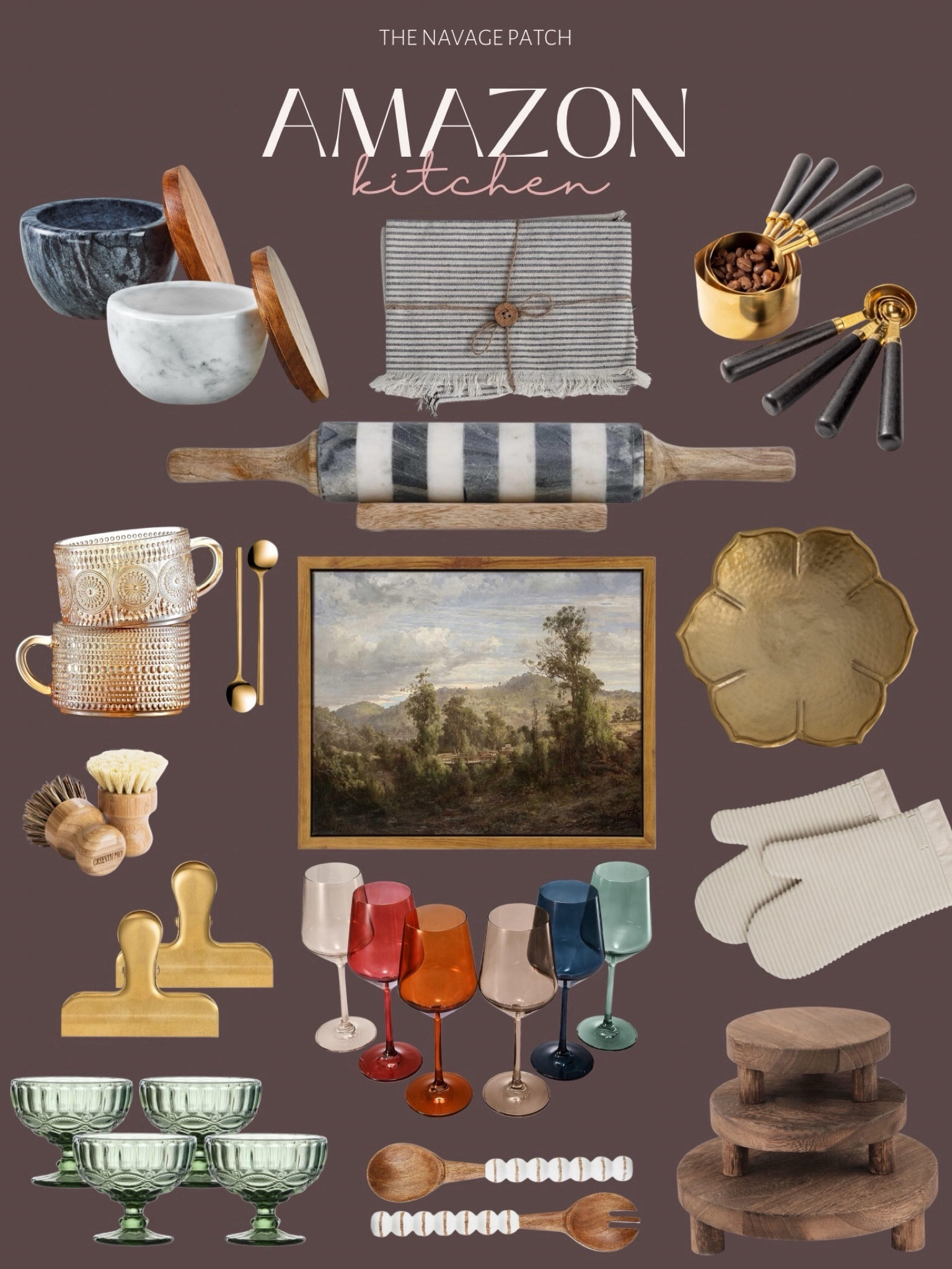 Amazon kitchen finds, modern kitchen decor, vintage wall art, marble salt cellar,  brass fruit bowl, Amazon home, black and brass measuring cups, vintage ice cream cups, colorful wine glasses, silicon pot holders, marble rolling pin #amazonhome #kitchendecor #homedecor

#LTKstyletip #LTKfamily #LTKhome