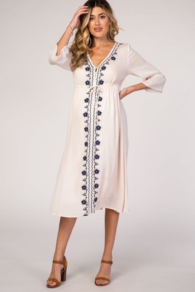 Beige Floral Embroidered 3/4 Sleeve Maternity Midi Dress | PinkBlush Maternity