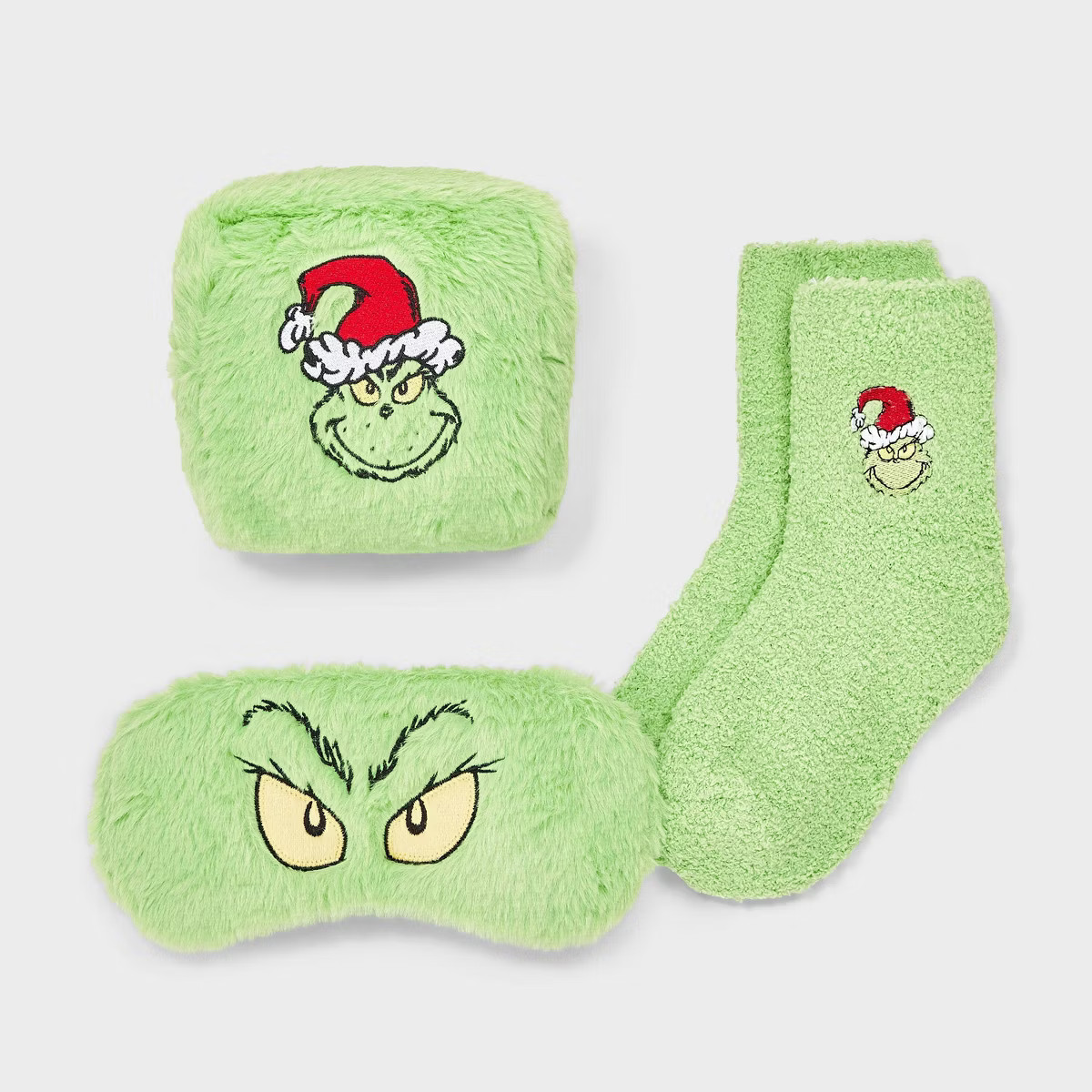 Women's The Grinch Embroidered Faux Fur 3pk Cozy Gift Set with Reusable Pouch, Cozy Socks and Eye... | Target
