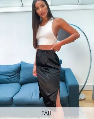 Parisian Tall satin midi skirt with splits in black | ASOS (Global)