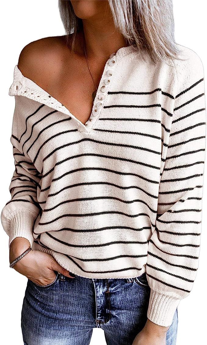 Womens Casual Henley Shirts V Neck Long Sleeve Knitwear Stripe Button Down Tops Warm Waffle Knit ... | Amazon (US)