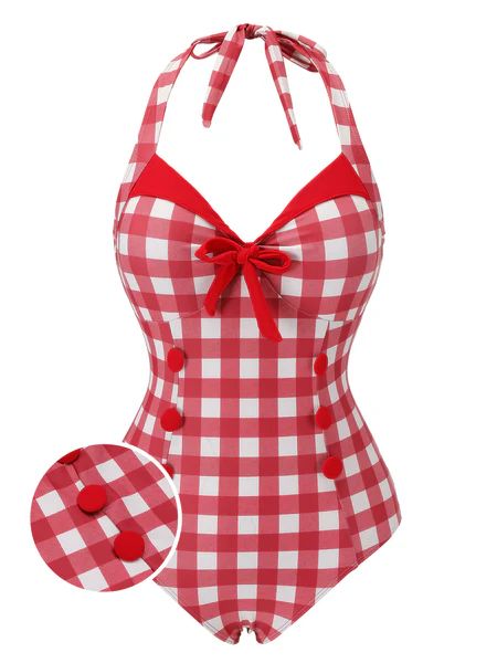 Red 1950s Plaids Added Bowknot Swimsuit | Retro Stage