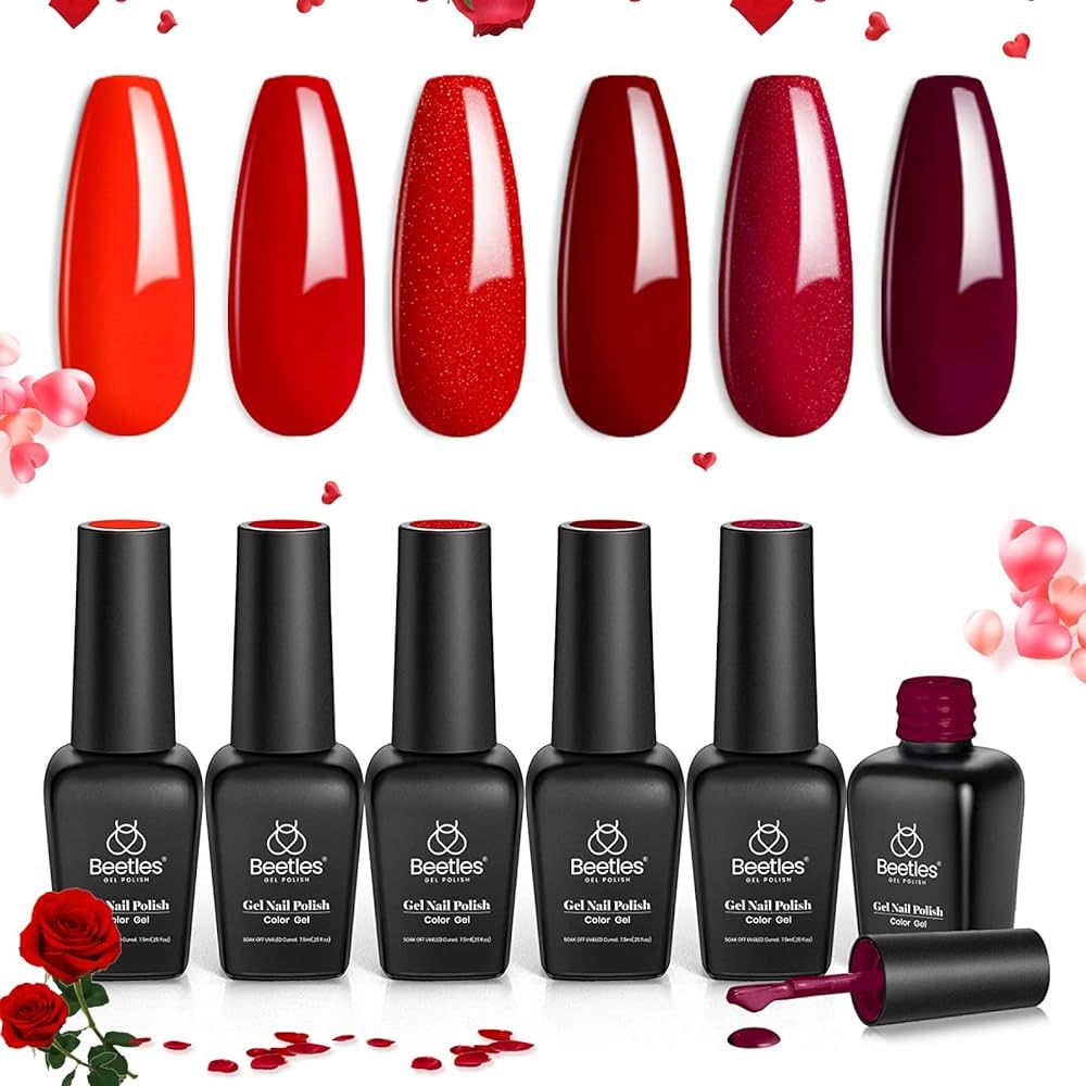 Beetles Red Gel Nail Polish Set - 6 Colors Bloody Mary Collection Popular Shimmer Red Burgundy Ge... | Amazon (US)