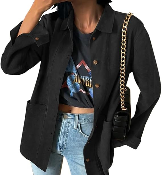 Tankaneo Womens Faux Suede Jackets Button Down Long Sleeve Shackets Coat Trendy 2025 Spring Cloth... | Amazon (US)