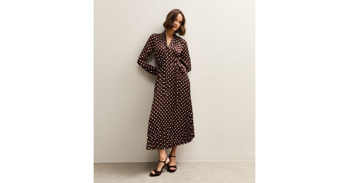 Dark Brown Polka Dot Pleated Long Sleeve Midi Dress | New Look | New Look (UK)