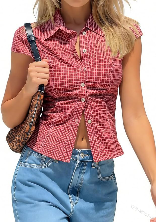 Tankaneo Women Short Sleeve Button Down Shirts Summer Y2k Slim Fit Collared Blouse Trendy Casual ... | Amazon (US)